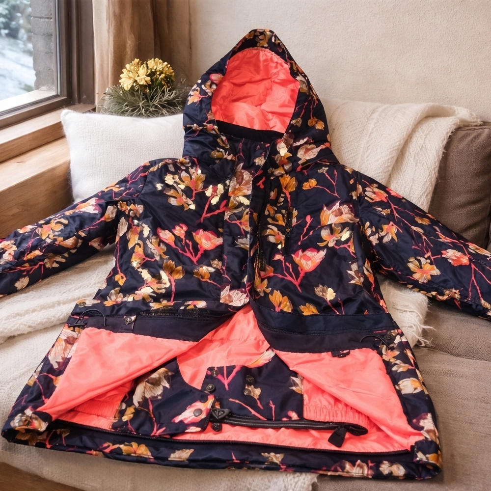 Roxy Floral Ski Jacket - Black Orange and Pink
